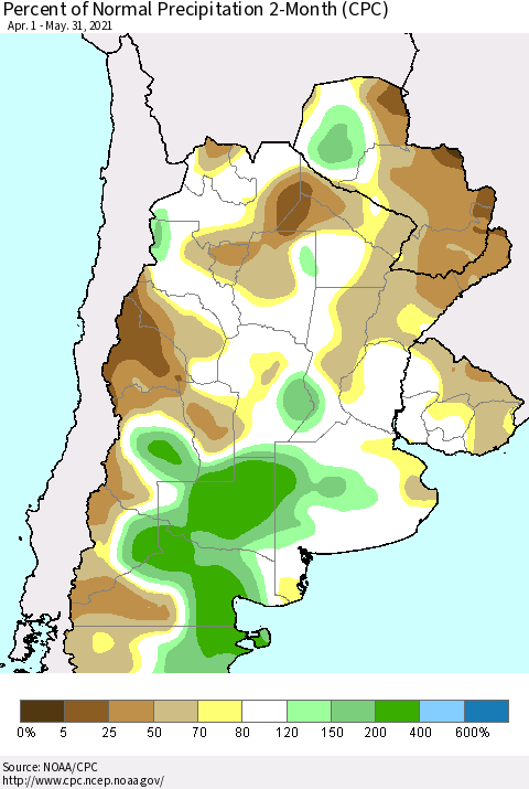 Southern South America Percent of Normal Precipitation 2-Month (CPC) Thematic Map For 4/1/2021 - 5/31/2021