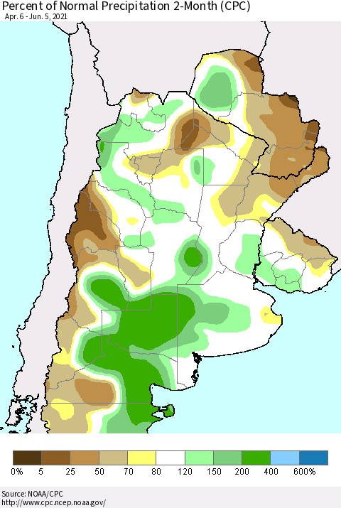 Southern South America Percent of Normal Precipitation 2-Month (CPC) Thematic Map For 4/6/2021 - 6/5/2021