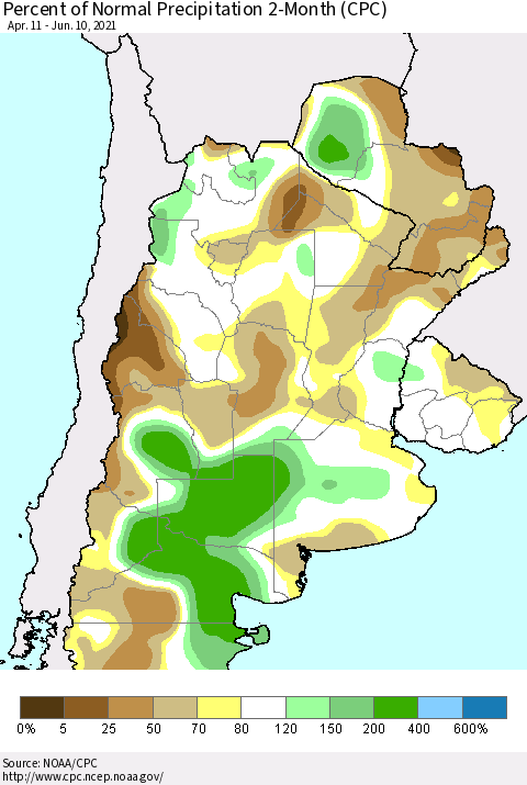 Southern South America Percent of Normal Precipitation 2-Month (CPC) Thematic Map For 4/11/2021 - 6/10/2021