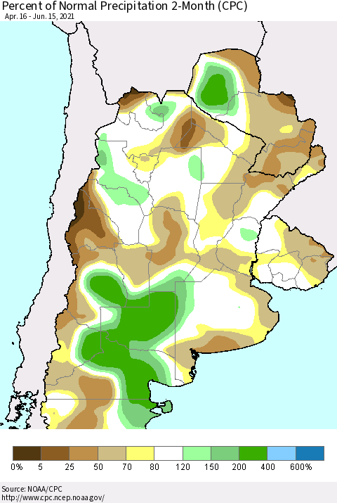 Southern South America Percent of Normal Precipitation 2-Month (CPC) Thematic Map For 4/16/2021 - 6/15/2021
