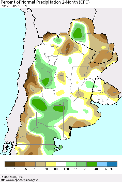 Southern South America Percent of Normal Precipitation 2-Month (CPC) Thematic Map For 4/21/2021 - 6/20/2021