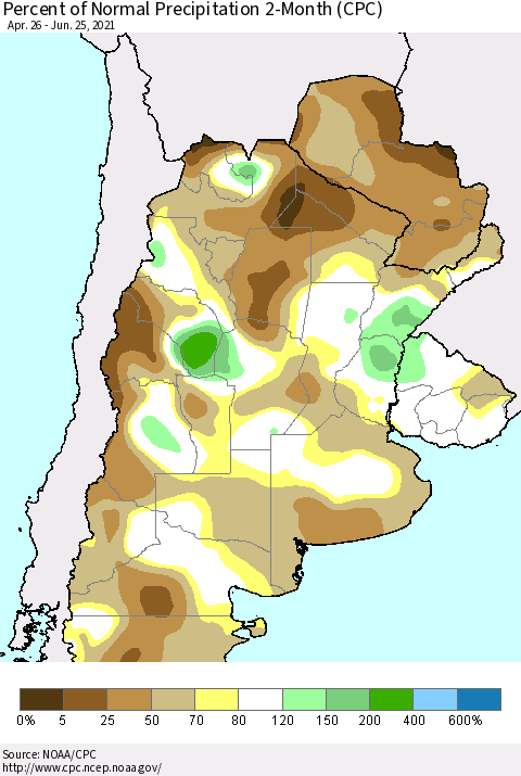 Southern South America Percent of Normal Precipitation 2-Month (CPC) Thematic Map For 4/26/2021 - 6/25/2021