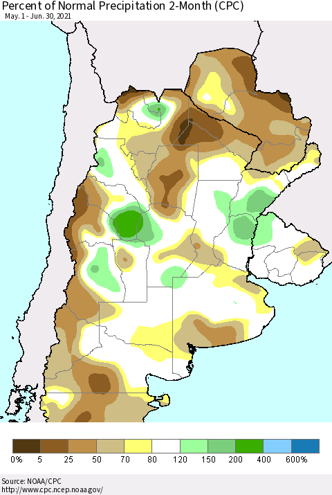Southern South America Percent of Normal Precipitation 2-Month (CPC) Thematic Map For 5/1/2021 - 6/30/2021