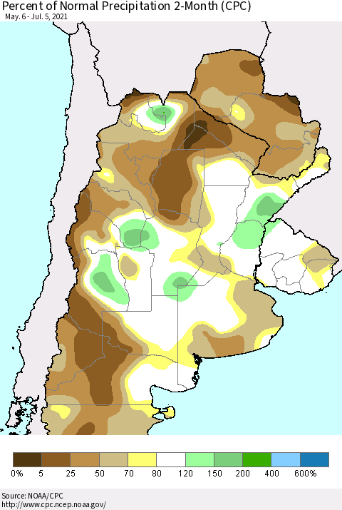 Southern South America Percent of Normal Precipitation 2-Month (CPC) Thematic Map For 5/6/2021 - 7/5/2021