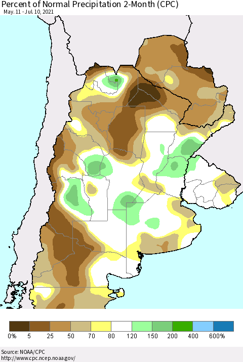 Southern South America Percent of Normal Precipitation 2-Month (CPC) Thematic Map For 5/11/2021 - 7/10/2021