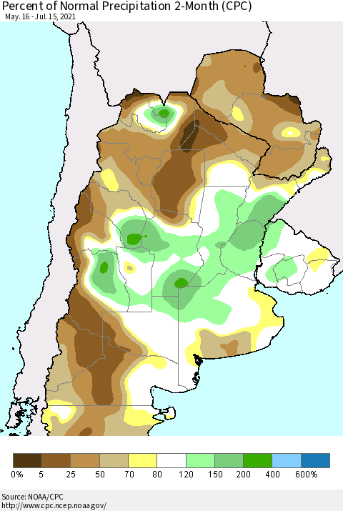 Southern South America Percent of Normal Precipitation 2-Month (CPC) Thematic Map For 5/16/2021 - 7/15/2021