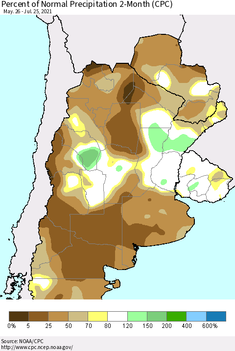 Southern South America Percent of Normal Precipitation 2-Month (CPC) Thematic Map For 5/26/2021 - 7/25/2021