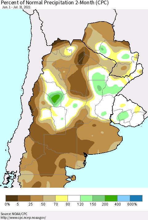 Southern South America Percent of Normal Precipitation 2-Month (CPC) Thematic Map For 6/1/2021 - 7/31/2021