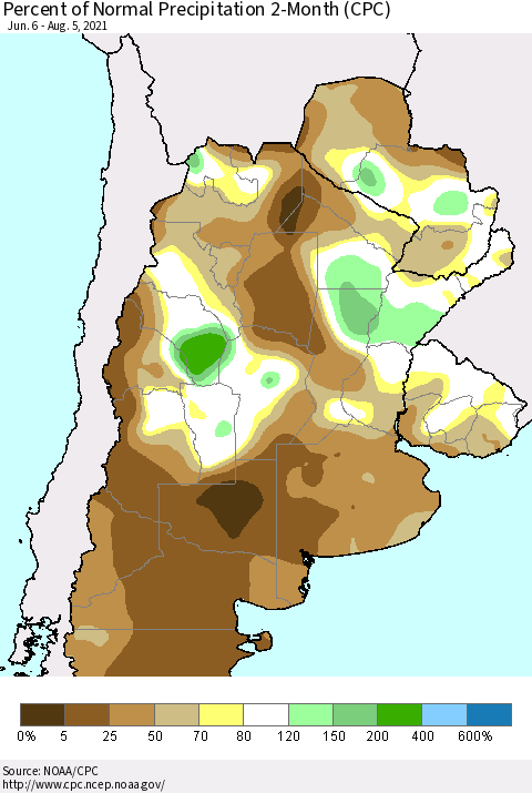 Southern South America Percent of Normal Precipitation 2-Month (CPC) Thematic Map For 6/6/2021 - 8/5/2021