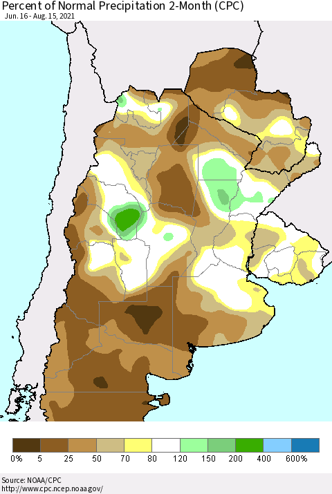 Southern South America Percent of Normal Precipitation 2-Month (CPC) Thematic Map For 6/16/2021 - 8/15/2021