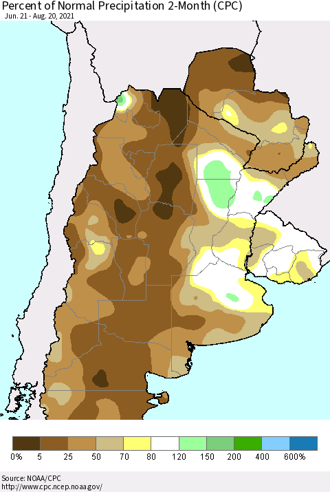 Southern South America Percent of Normal Precipitation 2-Month (CPC) Thematic Map For 6/21/2021 - 8/20/2021
