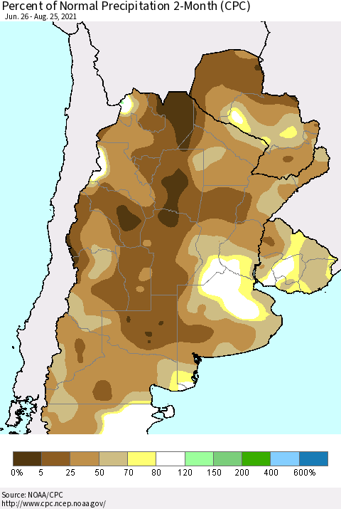 Southern South America Percent of Normal Precipitation 2-Month (CPC) Thematic Map For 6/26/2021 - 8/25/2021