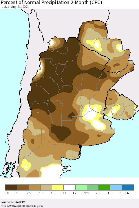 Southern South America Percent of Normal Precipitation 2-Month (CPC) Thematic Map For 7/1/2021 - 8/31/2021