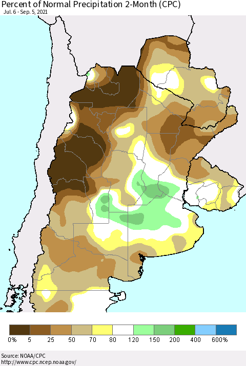 Southern South America Percent of Normal Precipitation 2-Month (CPC) Thematic Map For 7/6/2021 - 9/5/2021