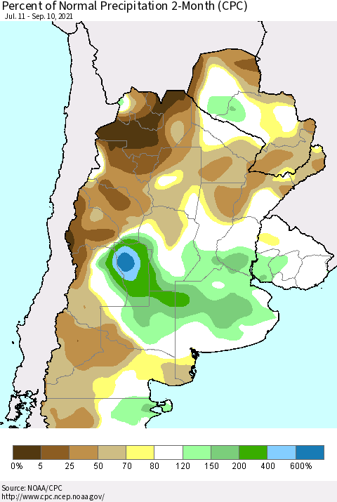 Southern South America Percent of Normal Precipitation 2-Month (CPC) Thematic Map For 7/11/2021 - 9/10/2021