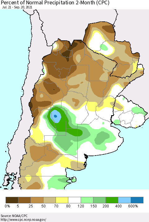 Southern South America Percent of Normal Precipitation 2-Month (CPC) Thematic Map For 7/21/2021 - 9/20/2021