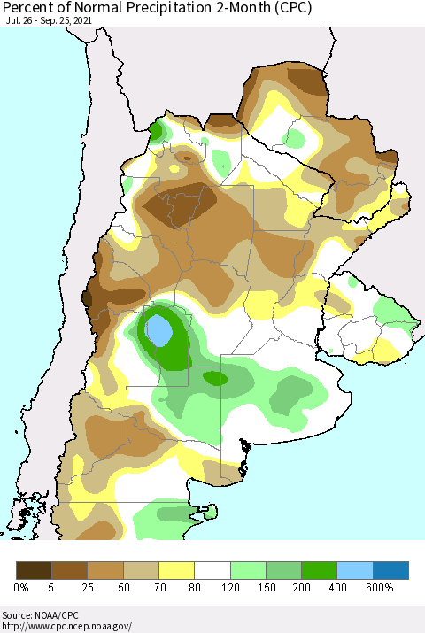 Southern South America Percent of Normal Precipitation 2-Month (CPC) Thematic Map For 7/26/2021 - 9/25/2021