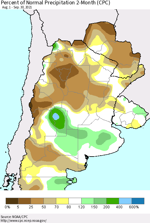 Southern South America Percent of Normal Precipitation 2-Month (CPC) Thematic Map For 8/1/2021 - 9/30/2021