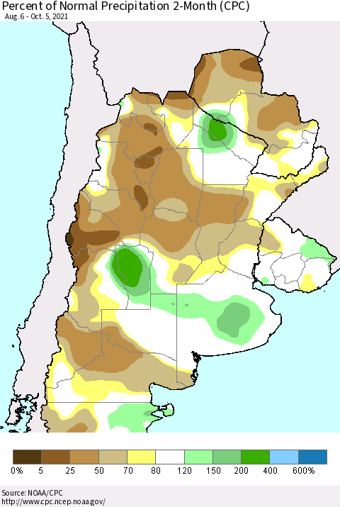 Southern South America Percent of Normal Precipitation 2-Month (CPC) Thematic Map For 8/6/2021 - 10/5/2021