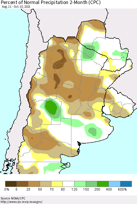 Southern South America Percent of Normal Precipitation 2-Month (CPC) Thematic Map For 8/11/2021 - 10/10/2021