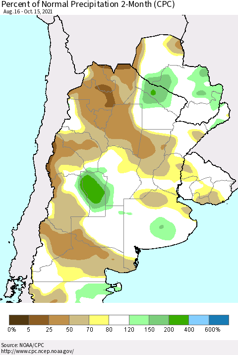 Southern South America Percent of Normal Precipitation 2-Month (CPC) Thematic Map For 8/16/2021 - 10/15/2021