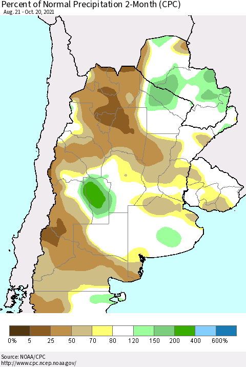 Southern South America Percent of Normal Precipitation 2-Month (CPC) Thematic Map For 8/21/2021 - 10/20/2021