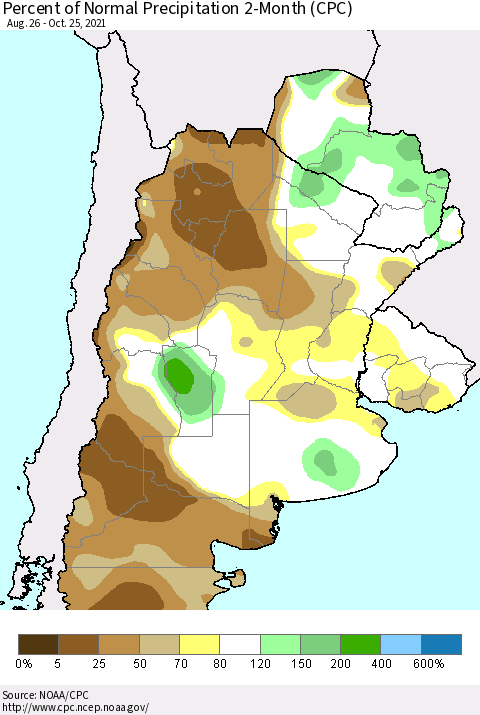 Southern South America Percent of Normal Precipitation 2-Month (CPC) Thematic Map For 8/26/2021 - 10/25/2021