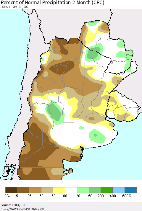 Southern South America Percent of Normal Precipitation 2-Month (CPC) Thematic Map For 9/1/2021 - 10/31/2021