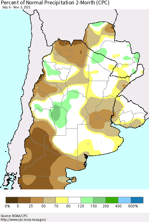 Southern South America Percent of Normal Precipitation 2-Month (CPC) Thematic Map For 9/6/2021 - 11/5/2021