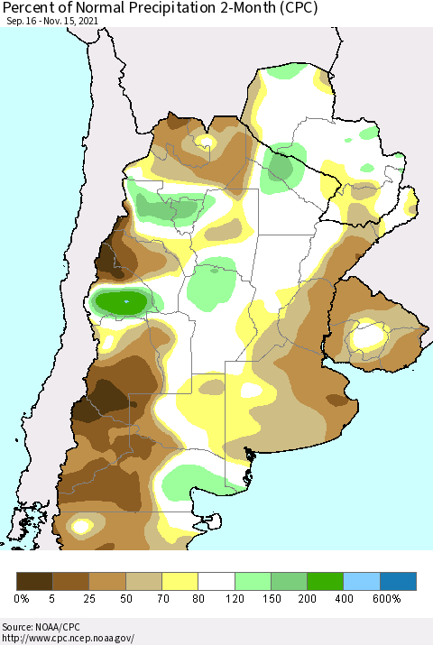 Southern South America Percent of Normal Precipitation 2-Month (CPC) Thematic Map For 9/16/2021 - 11/15/2021