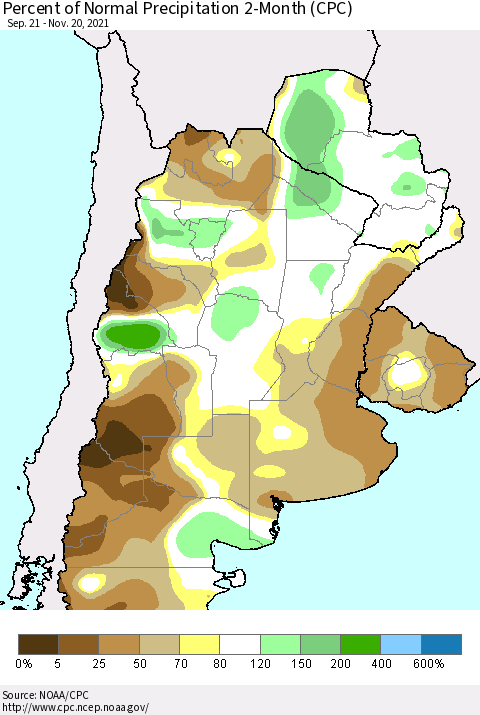 Southern South America Percent of Normal Precipitation 2-Month (CPC) Thematic Map For 9/21/2021 - 11/20/2021