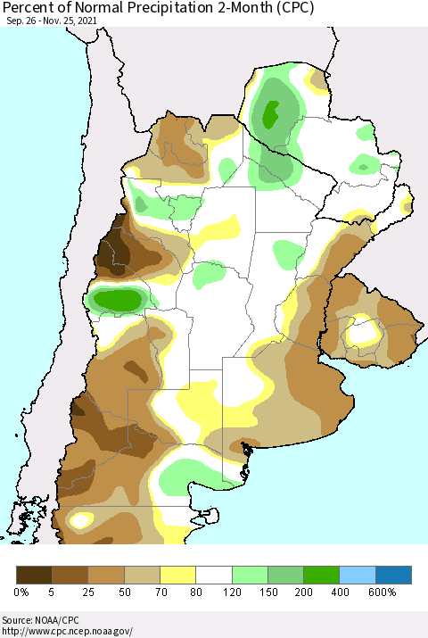 Southern South America Percent of Normal Precipitation 2-Month (CPC) Thematic Map For 9/26/2021 - 11/25/2021