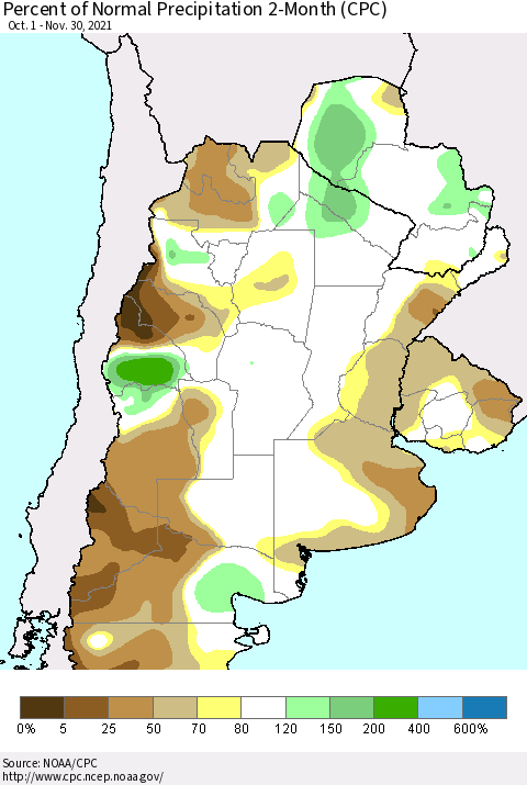 Southern South America Percent of Normal Precipitation 2-Month (CPC) Thematic Map For 10/1/2021 - 11/30/2021