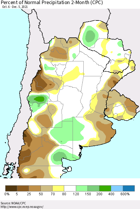 Southern South America Percent of Normal Precipitation 2-Month (CPC) Thematic Map For 10/6/2021 - 12/5/2021