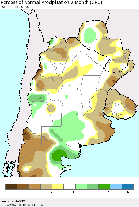 Southern South America Percent of Normal Precipitation 2-Month (CPC) Thematic Map For 10/11/2021 - 12/10/2021