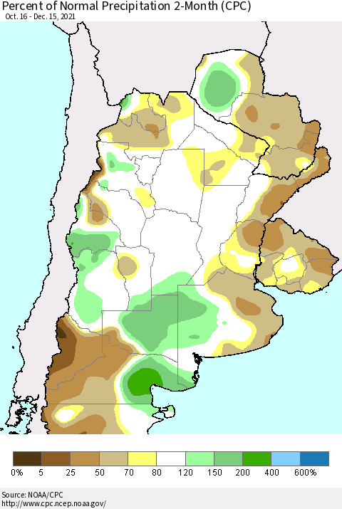 Southern South America Percent of Normal Precipitation 2-Month (CPC) Thematic Map For 10/16/2021 - 12/15/2021
