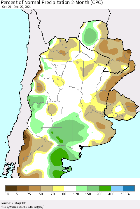 Southern South America Percent of Normal Precipitation 2-Month (CPC) Thematic Map For 10/21/2021 - 12/20/2021