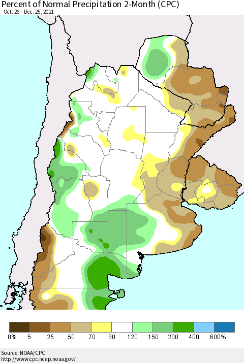 Southern South America Percent of Normal Precipitation 2-Month (CPC) Thematic Map For 10/26/2021 - 12/25/2021