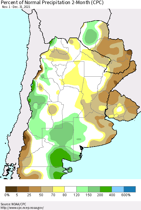 Southern South America Percent of Normal Precipitation 2-Month (CPC) Thematic Map For 11/1/2021 - 12/31/2021