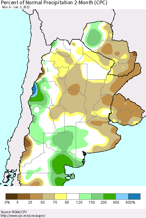 Southern South America Percent of Normal Precipitation 2-Month (CPC) Thematic Map For 11/6/2021 - 1/5/2022