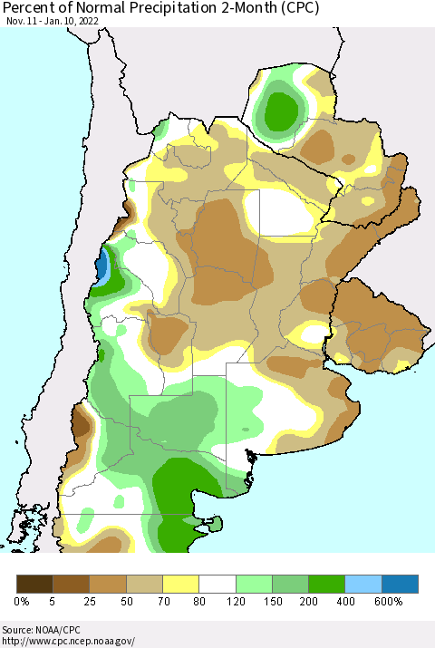 Southern South America Percent of Normal Precipitation 2-Month (CPC) Thematic Map For 11/11/2021 - 1/10/2022