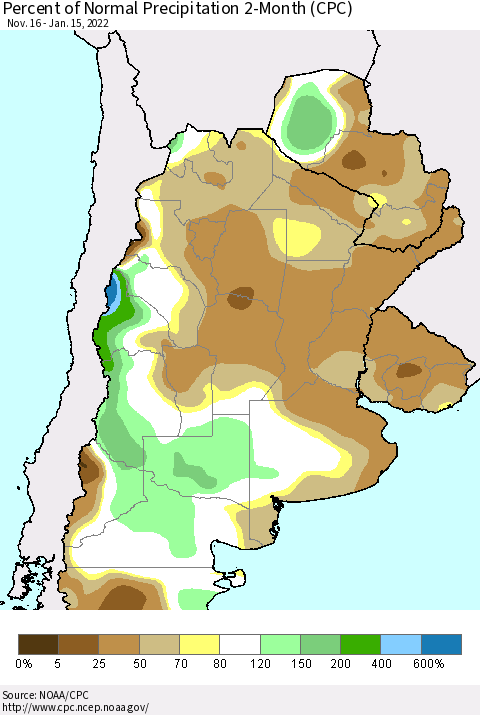 Southern South America Percent of Normal Precipitation 2-Month (CPC) Thematic Map For 11/16/2021 - 1/15/2022