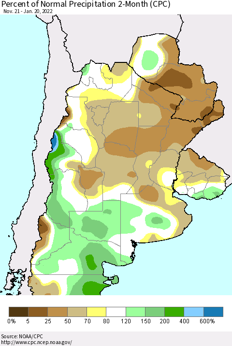 Southern South America Percent of Normal Precipitation 2-Month (CPC) Thematic Map For 11/21/2021 - 1/20/2022