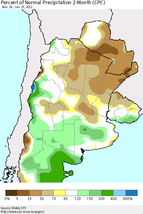Southern South America Percent of Normal Precipitation 2-Month (CPC) Thematic Map For 11/26/2021 - 1/25/2022