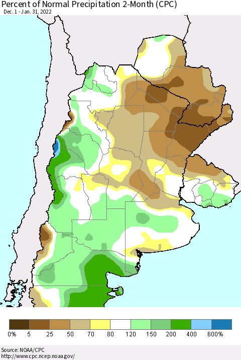 Southern South America Percent of Normal Precipitation 2-Month (CPC) Thematic Map For 12/1/2021 - 1/31/2022