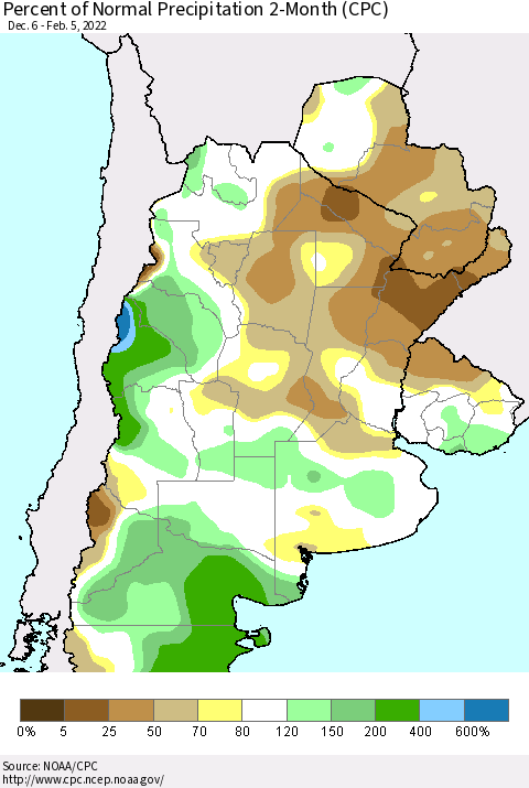 Southern South America Percent of Normal Precipitation 2-Month (CPC) Thematic Map For 12/6/2021 - 2/5/2022