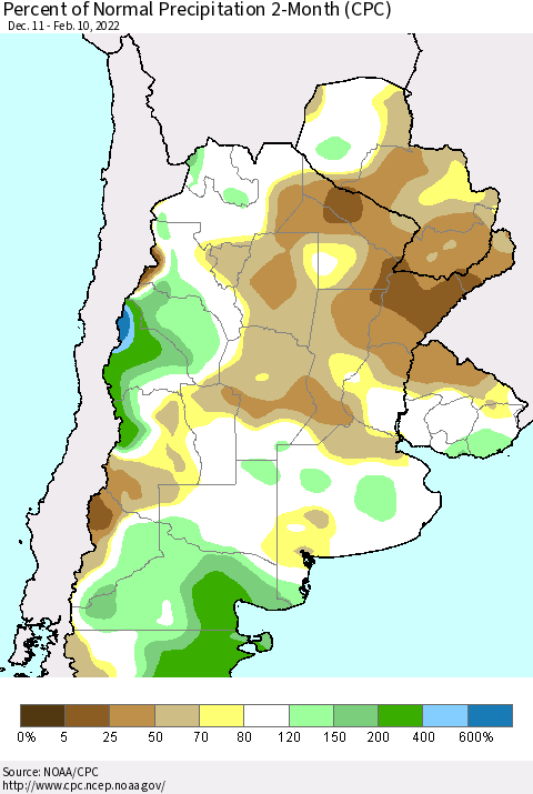 Southern South America Percent of Normal Precipitation 2-Month (CPC) Thematic Map For 12/11/2021 - 2/10/2022