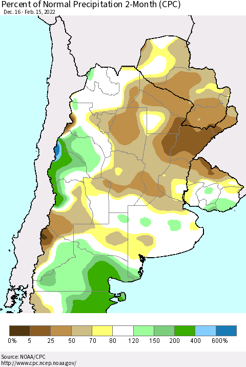 Southern South America Percent of Normal Precipitation 2-Month (CPC) Thematic Map For 12/16/2021 - 2/15/2022