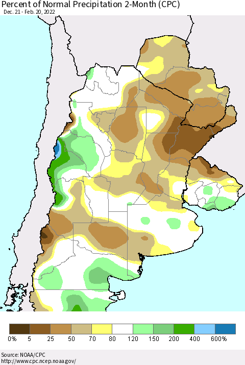 Southern South America Percent of Normal Precipitation 2-Month (CPC) Thematic Map For 12/21/2021 - 2/20/2022
