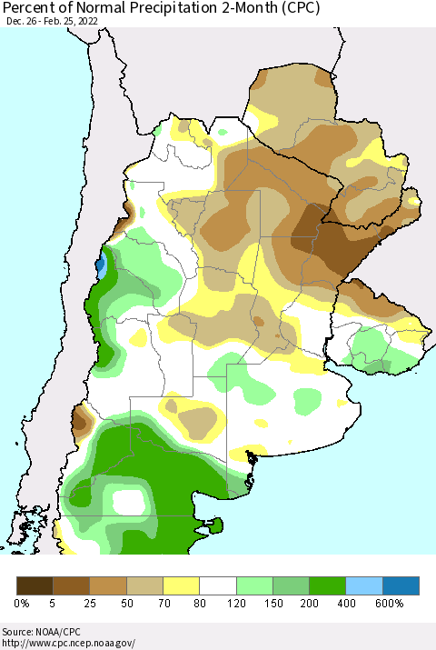 Southern South America Percent of Normal Precipitation 2-Month (CPC) Thematic Map For 12/26/2021 - 2/25/2022